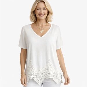 Astr Off White V-Neck Blouse with Crochet Lace Hem